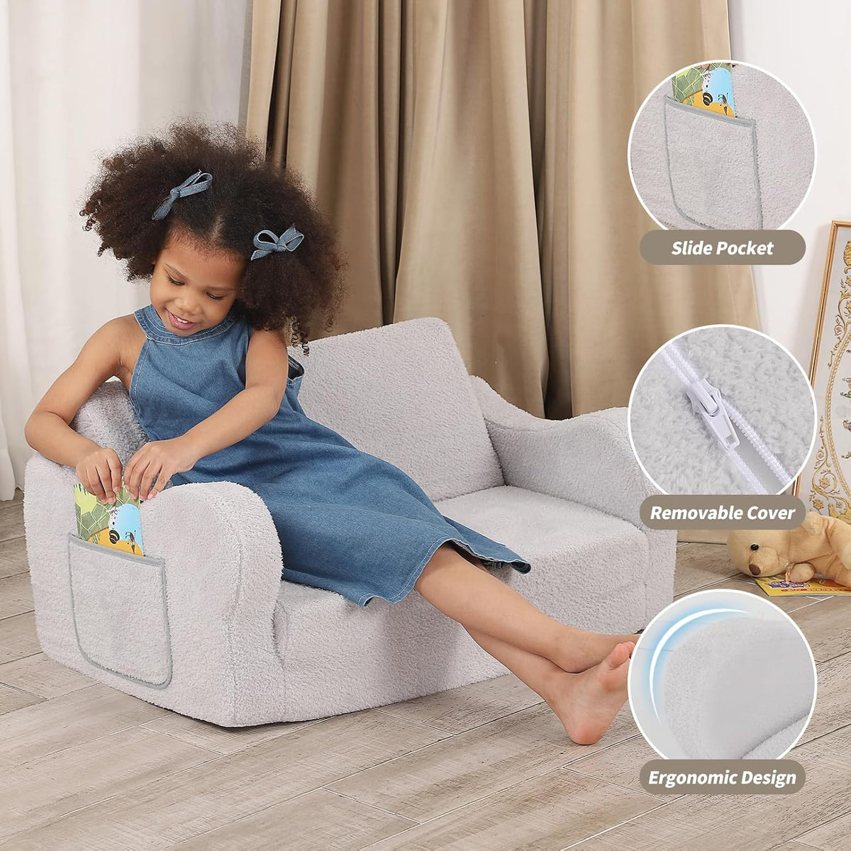 Extra Wide Toddler Chair, 2-in-1 Toddler Couch Fold Out, Convertible Sherpa Sofa to Lounger for Boys & Girls, Grey