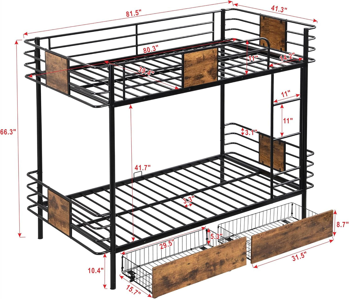 Twin XL Over Twin XL Metal Bunk Bed with MDF Board Guardrail,an Integrated Ladder,Full-Length Guardrails and Two Storage Drawers,Industrial Modern bunk-Bed,No Box Spring Needed,Black