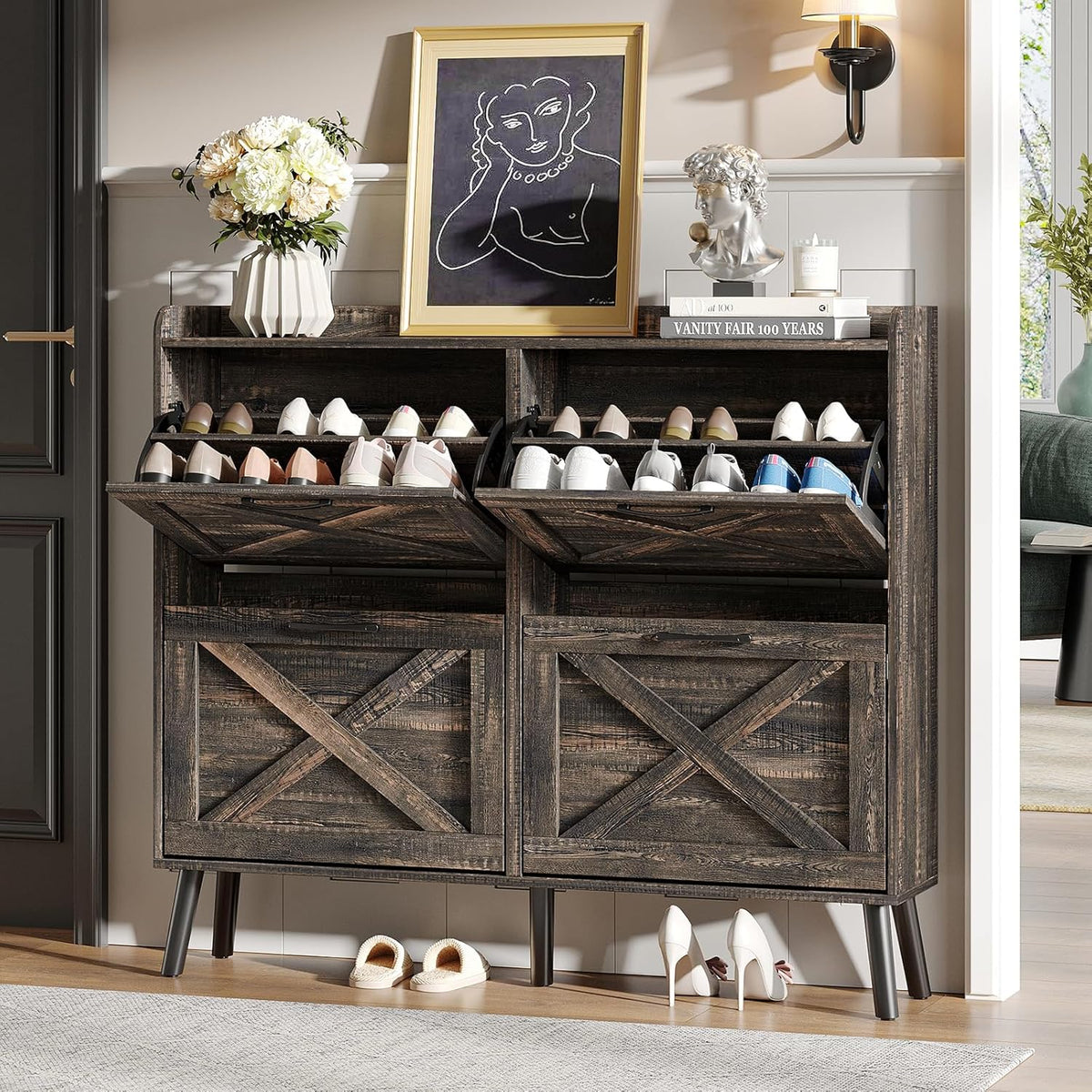 Maupvit Large Shoe Storage Cabinet with 4 Flip Drawers, Narrow Shoe Cabinet for Entryway with Wooden Legs, Freestanding Hidden Shoe Rack Organizer ＆ Metal Hinges, Dark Rustic Oak