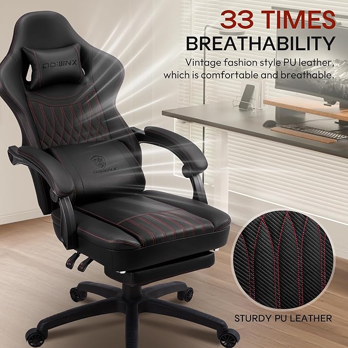 Dowinx Gaming Chair Breathable PU Leather Gamer Chair with Footrest Massage Lumbar Support, Big and Tall Ergonomic Reclining Computer Chair with Pocket Spring Cushion for Adults Teens(Black)