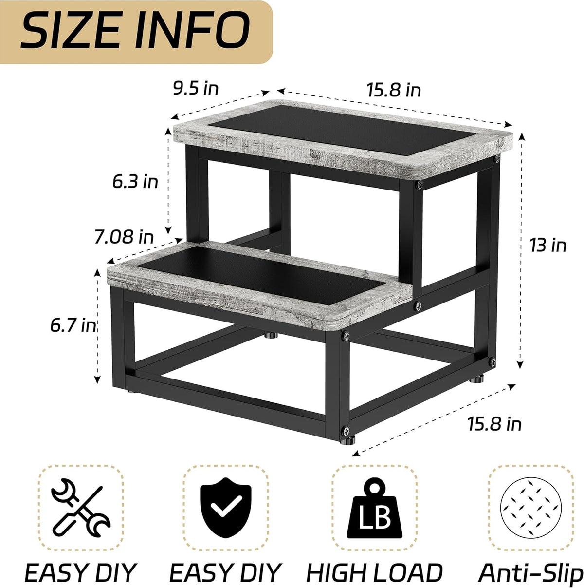 Step Stools for Kids Adults, Heavy Duty Stepping Stools Bed Steps for High Beds, Non-Slip Metal and Wooden 2 Steps Foot Stool for Bedside Kitchen, Round Corner, 500 Lbs Capacity, Gray Pattern