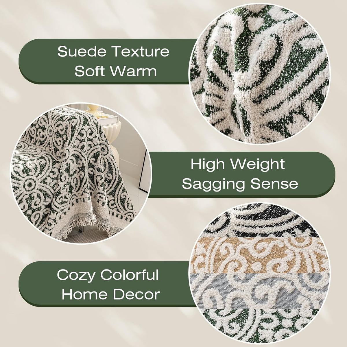 STACYPIK Green Jacquard Sofa Cover - Anti-Scratch Chenille Furniture Protector for 3 Cushion Couch - French Floral Dog Pet Cushion Protector - Futon Cover 71x150IN