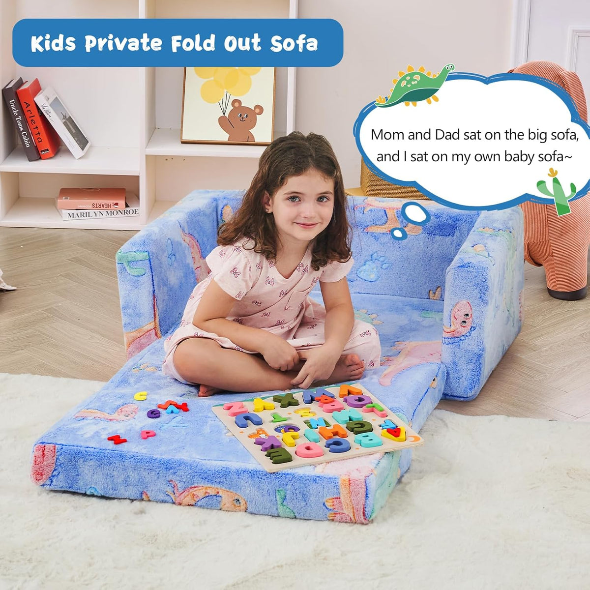 Toddler Chair Comfy,2-in-1 Soft Toddler Couch Fold Out for Kids,Convertible Sofa to Lounger,Gift for Girls and Boys Birthday,Dinosaurs,Large
