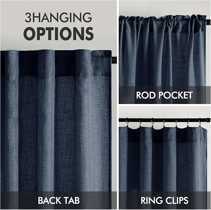 MIULEE Navy Blue Linen Curtains 96 Inch Length 2 Panels