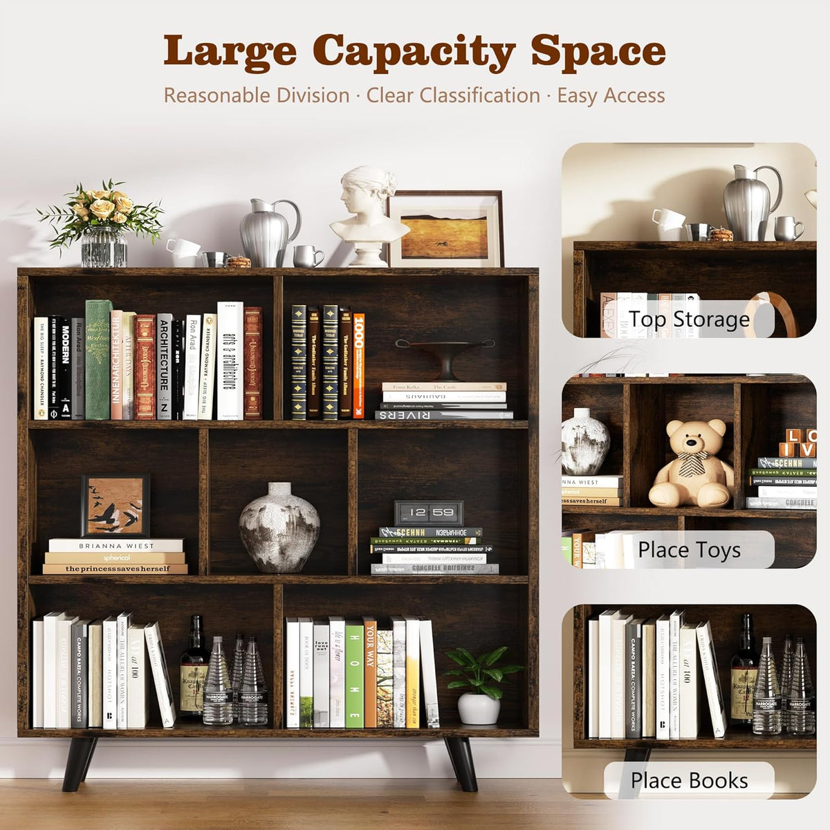Shintenchi Cube Storage Organizer, 3 Tier Mid-Century Bookcase with Legs Cubeicals Retro Wood Organizer Storage Bookcase, Freestanding Open Book Shelves for Bedroom,Living Room,Office(Brown)
