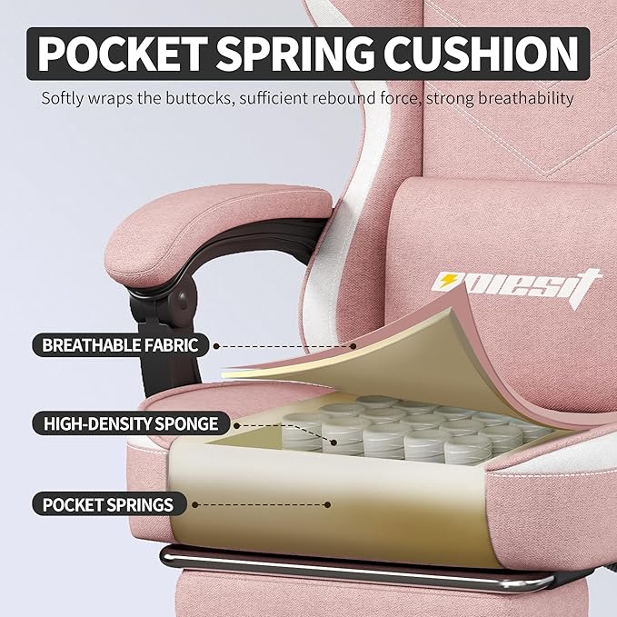 Gaming Chair,Fabric Computer Chair with Pocket Spring Cushion,400 lb Load Capacity,Ergonomic Office Chair with Footrest,Height Adjustable Video Gamer Chair with Lumbar Support (Pink)