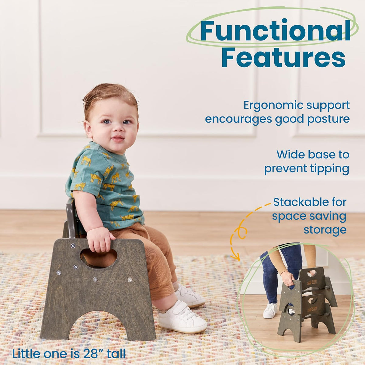 ECR4Kids Stackable Wooden Toddler Chair, 6in, Kids Furniture, Grey Wash, 2-Pack