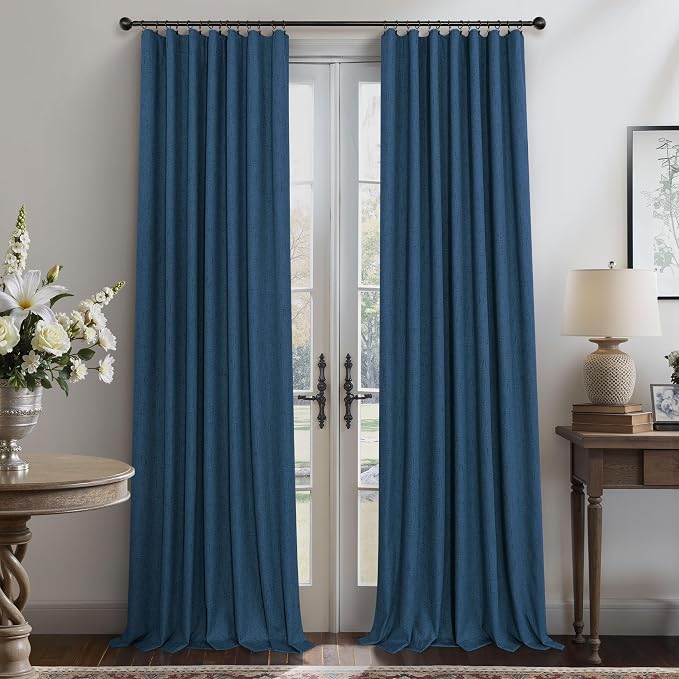 Navy Blue Linen Textured Blackout Curtains 72 Inches Long