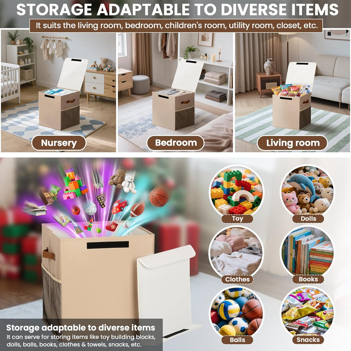 40L Large Toy Storage Box with Lid, Large Toy Box Chest for Kids, Girls and Boys, Nursery Room and Living Room, 13"x13" x16" - Dark Khaki
