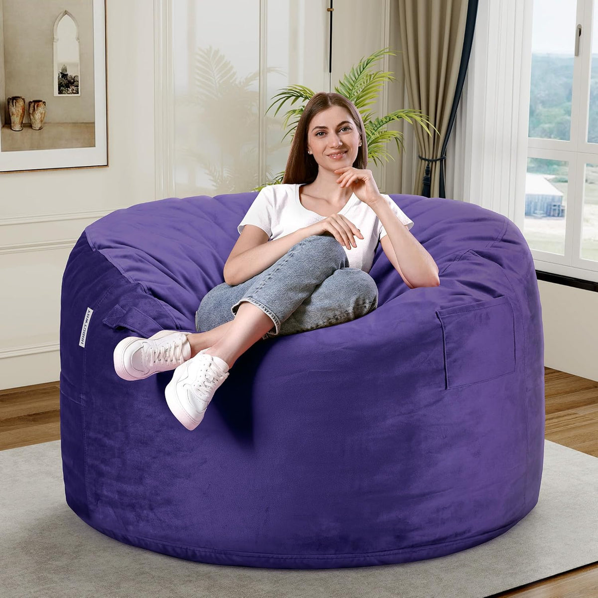 HABUTWAY Bean Bag Chair 3Ft Luxurious Velvet Ultra Soft Fur with High Rebound Memory Foam Bean Bag Chairs for Adults Plush Lazy Sofa with Fluffy Removable Sponge 3' (Purple)