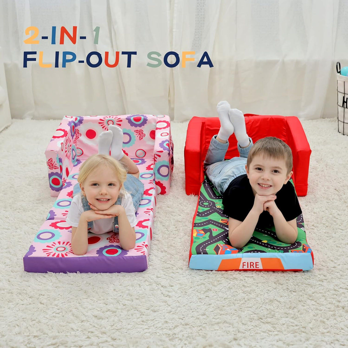 MallBest Kids Sofas Children's Sofa Bed Baby's Upholstered Couch Sleepover Chair Flipout Open Recliner(Pink/Flowers)