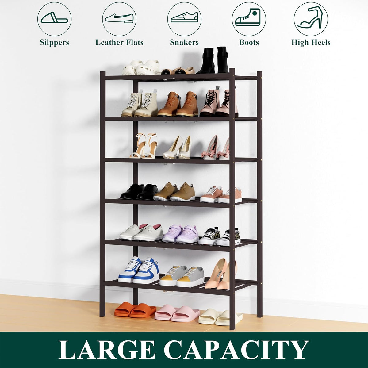 Smiry Shoe Rack, 6 Tier Thick Bamboo Shoe Organizer, Stackable Free Standing Wooden Shoe Storage Shelf for Closet, Entryway, Front Door Entrance, Brown