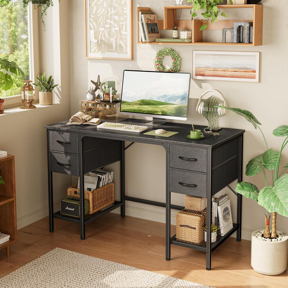 Huuger 47 Inch Computer Desk with 4 Drawers, Office Desk with Mesh Shelf, Gaming Desk, Large Storage, Writing Work Desk for Home Office, Study, Bedroom, Work from Home, Black