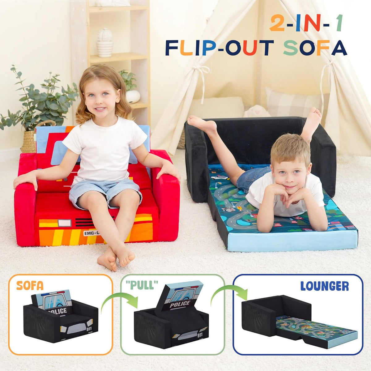 MallBest Kids Sofas Toddler Couch Bed Baby's Upholstered Chair Sleepover Couch Flipout Open Recliner(Black/Police Car)
