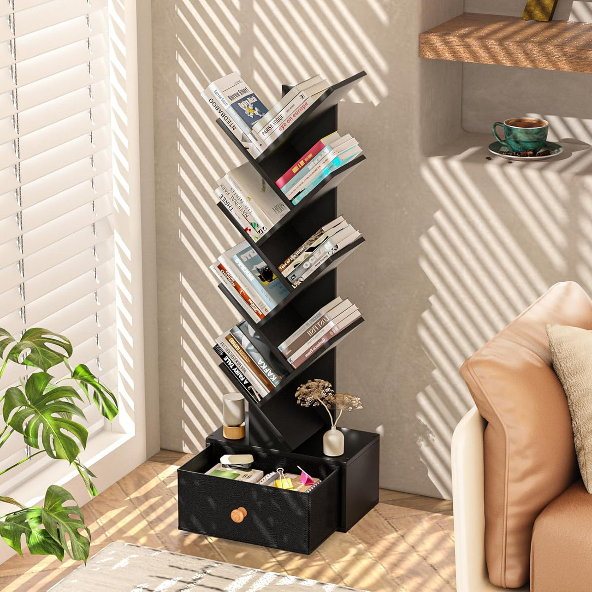 8 Tier Tree Bookshelf with Drawer, Free Standing Wood Bookcase for Living Room, Bedroom, Home Office, Space Saving Storage Organizer Bookshelves for Books, CDs, Vinyl Records- Black