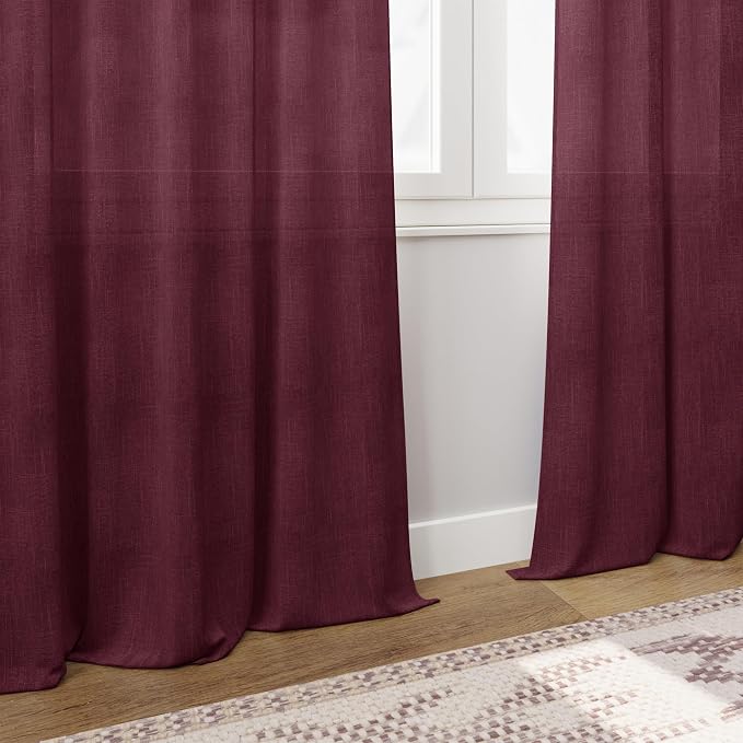 Burgundy Linen Curtains 90 Inch Long 2 Panels Set