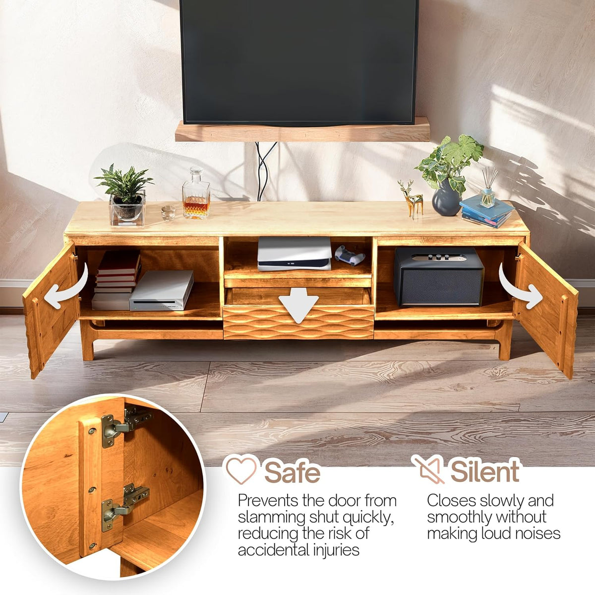 Acacia Elara Wood TV Stand for TVs up to 75+ Inch Entertainment Center with Storage Shelves and Cable Management, Mid Century Modern TV Media Console Wood TV Stands for Living Room Bedroom (Caramel)