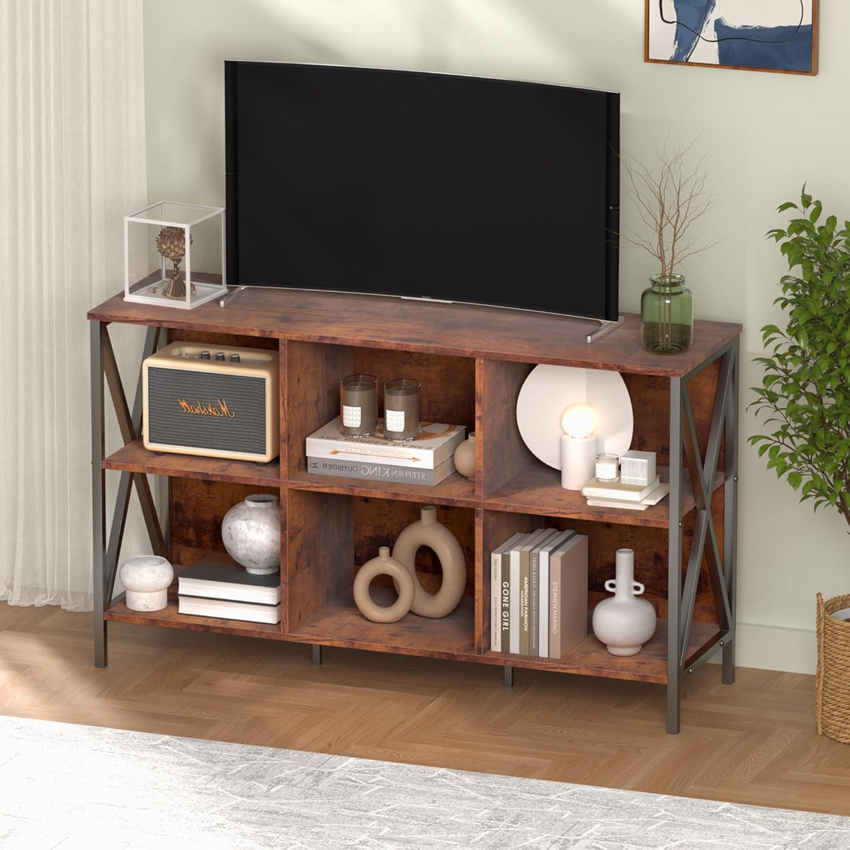 Horizontal Bookshelf Bookcase,Cube Storage Organizer Shelf,Industrial Wide Bookcase with Storage,Low Short Wide Cubby Shelves,Rustic Farmhouse Shelf for Office Bedroom Living Room,47 in(Brown,6 Cube)