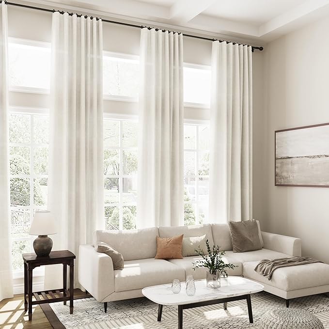 Cream Linen Sheer Curtains 102 Inches 2 Panels Set Back Tab Rod Pocket Extra