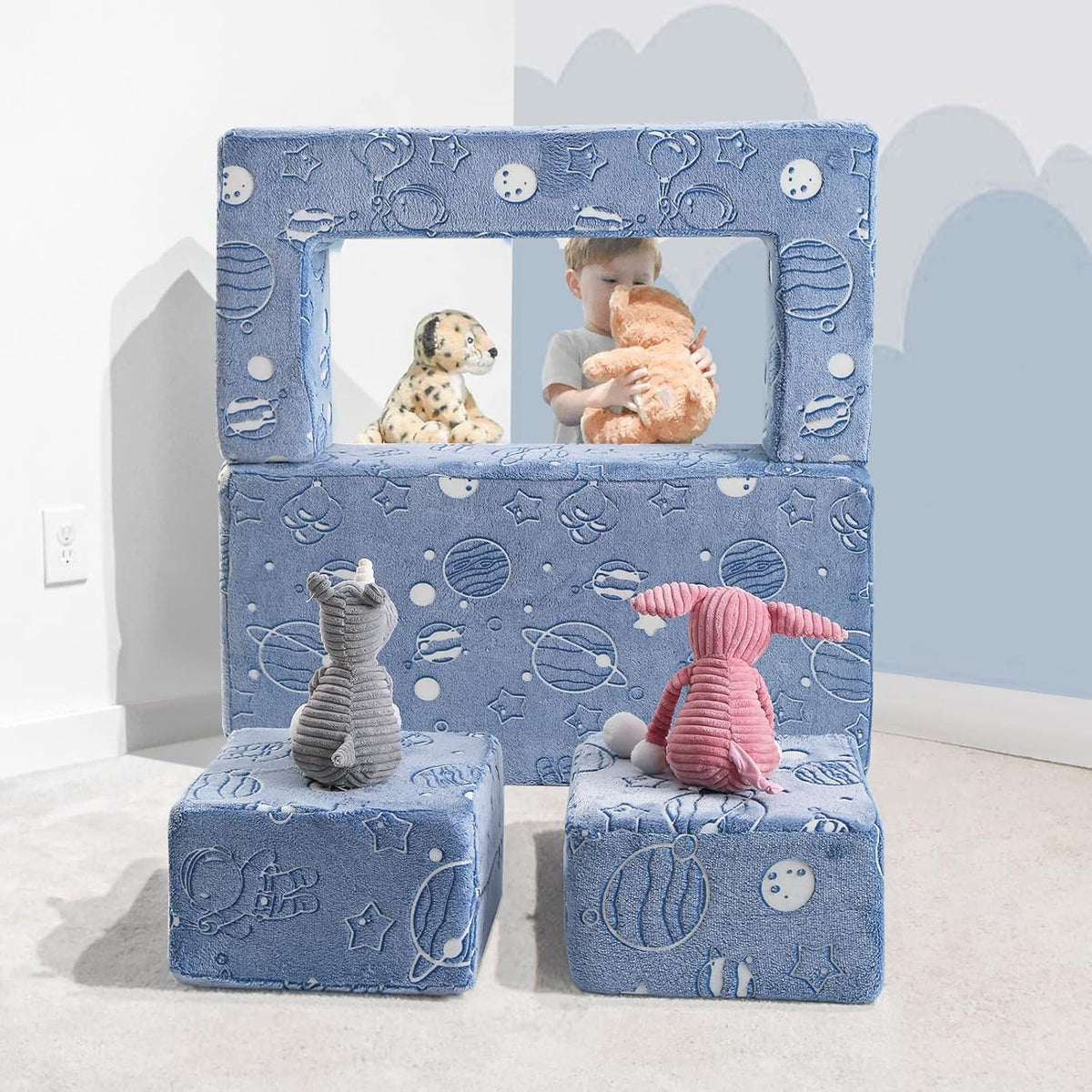 MeMoreCool Glow in The Dark Space Kids Modular Play Couch, Blue Fold-Out Foam Lounge Chair Sofa for Girls and Boys, Bedroom and Playroom