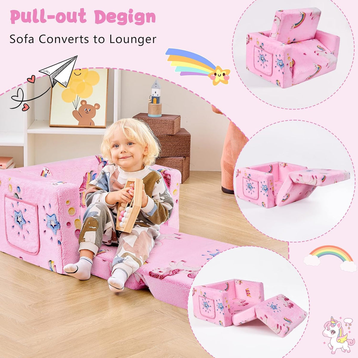 Toddler Chair Comfy,2-in-1 Soft Toddler Couch Fold Out for Kids,Convertible Sofa to Lounger,Gift for Girls and Boys Birthday,Rainbow
