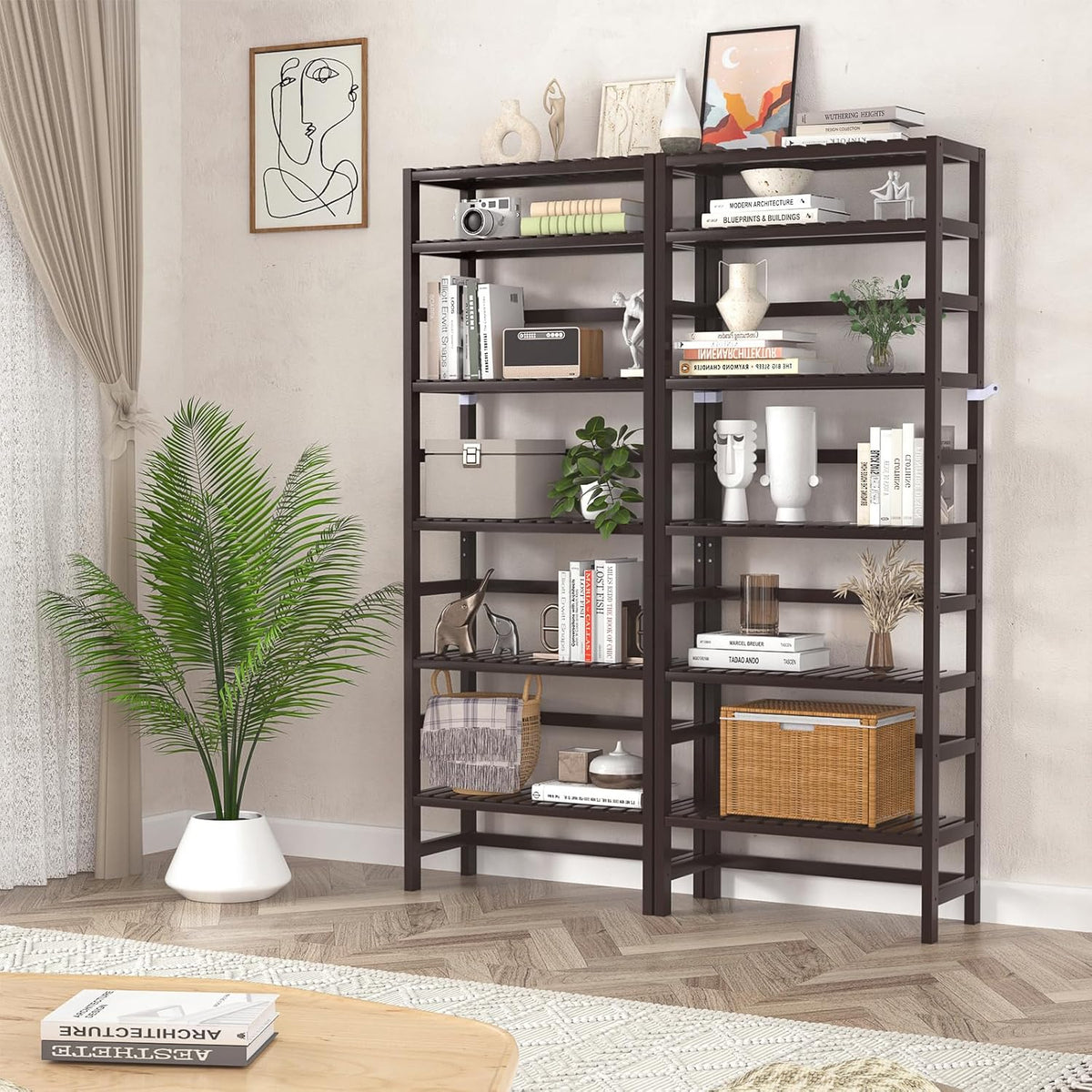 Homykic 6-Tier Bamboo Bookshelves and Bookcases, Adjustable 63.4”Tall Shallow Book Shelf Organizer Rack, Freestanding Storage Shelving Unit for Living Room, Kitchen, Bathroom, Office, Espresso