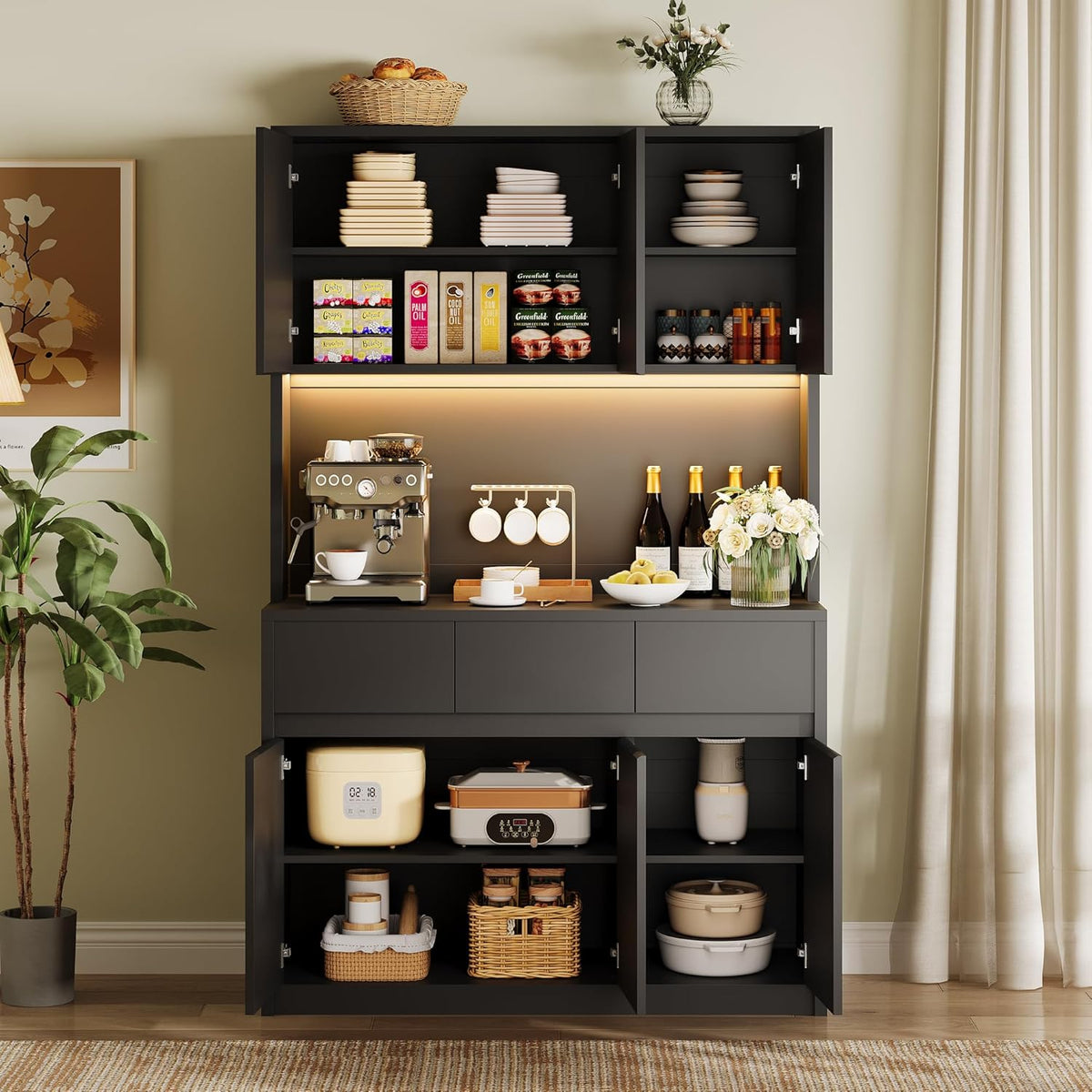 Garvee Kitchen Pantry Storage Cabinet, Tall Storage Cabinet with Doors and Shelves, Kitchen Storage Hutch with Microwave Stand, Led Lights and Charging Station,Corner Pantry Cabinet,Black