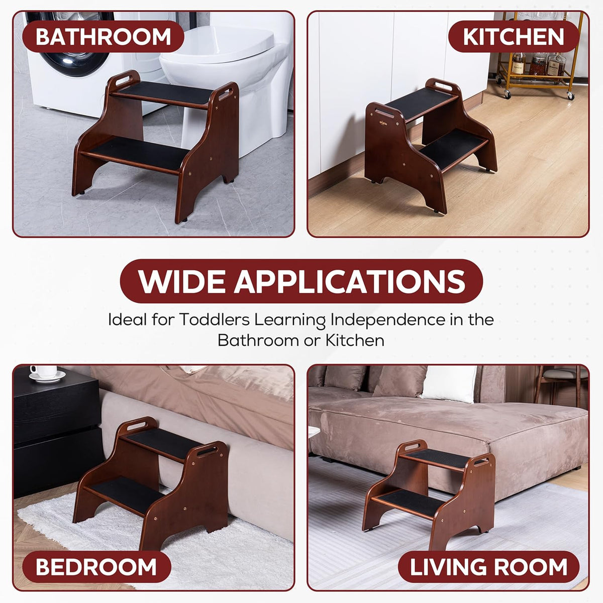 2-Step Wooden Step Stool for Adults & Kids – Non-Slip Bed, Bathroom, Kitchen, and Closet Use – Heavy-Duty Portable Step with Handles – 400 lb Capacity