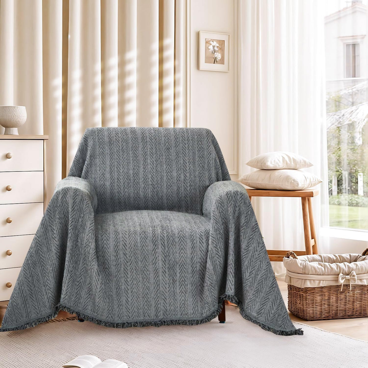 Nobildonna Sofa Chair Cover Waterproof Soft Thicken Chenille Cushion Couch Cover with Tassels,Washable Sofa Slipcovers for Armchair Recliner Sectional Furniture Protector, Dark Gray 71"x71"