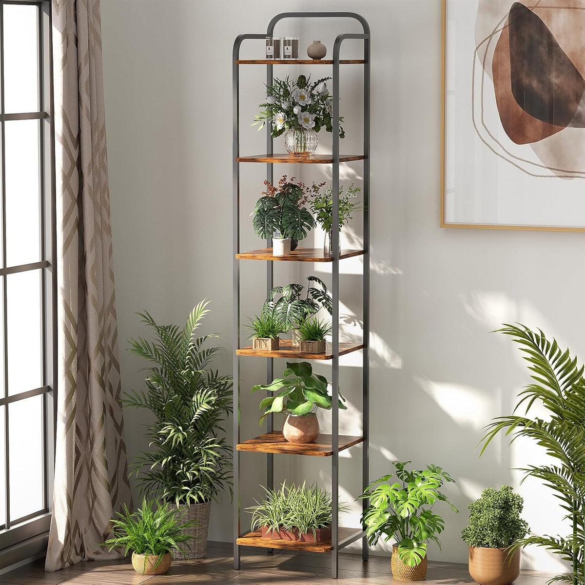 5 Tier Bookshelf, Bookcase with 5 Shelves, Storage Rack Organizer, Corner Wood Storage Shelf with Metal Frame for Bedroom, Living Room (Rustic Brown, 6 Tier)