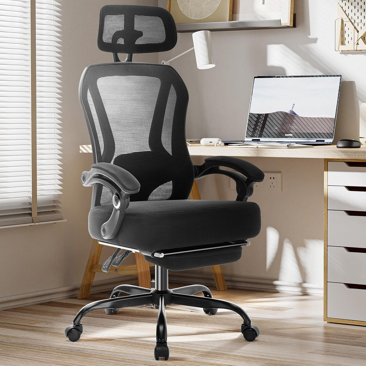 Ergonomic Office Chair with Footrest,Ultra Thick Reclining Office Desk Chair with Adjustable 2D Lumbar Support and Headrest,Spring Cushion,High Back Premium Mesh Computer Chair Office Chairs,Black