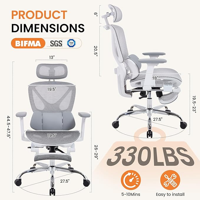 LuxErgo Ergonomic Mesh Office Chair High Back Mesh Computer Executive Desk Chair Home Office Chair with Adjustable Lumbar Support for Office/Gaming/Study, Freely Tilt Lock, Flip-Up Headrest & Armrests