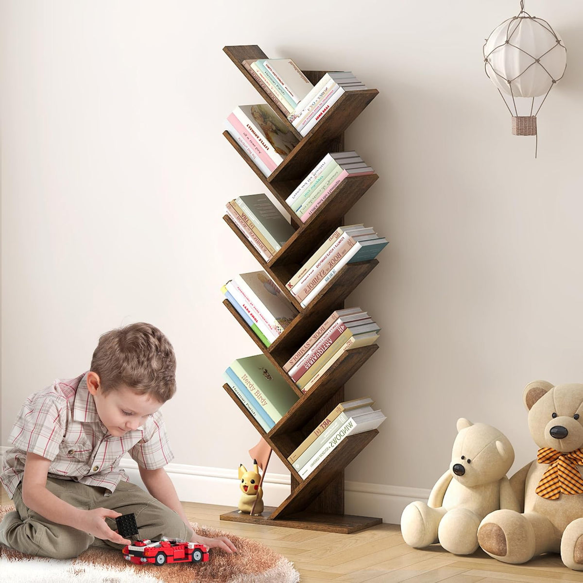 Hoctieon 10 Tier Tree Bookshelf, 10 Shelf Bookcase, Free Standing Tree Bookcase, Display Floor Standing Shelf for Books, Book Organizer Shelves for Home Office, Living Room, Bedroom, Rustic Brown