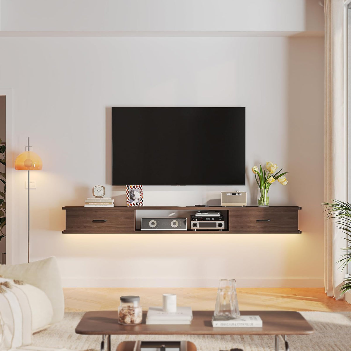 Floating TV Stand with 2 Doors,94'' Wall-Mounted TV Console,Floating TV Cabinet,Floating Console Shelf,Wall Mounted TV Cabinet(Walnut)