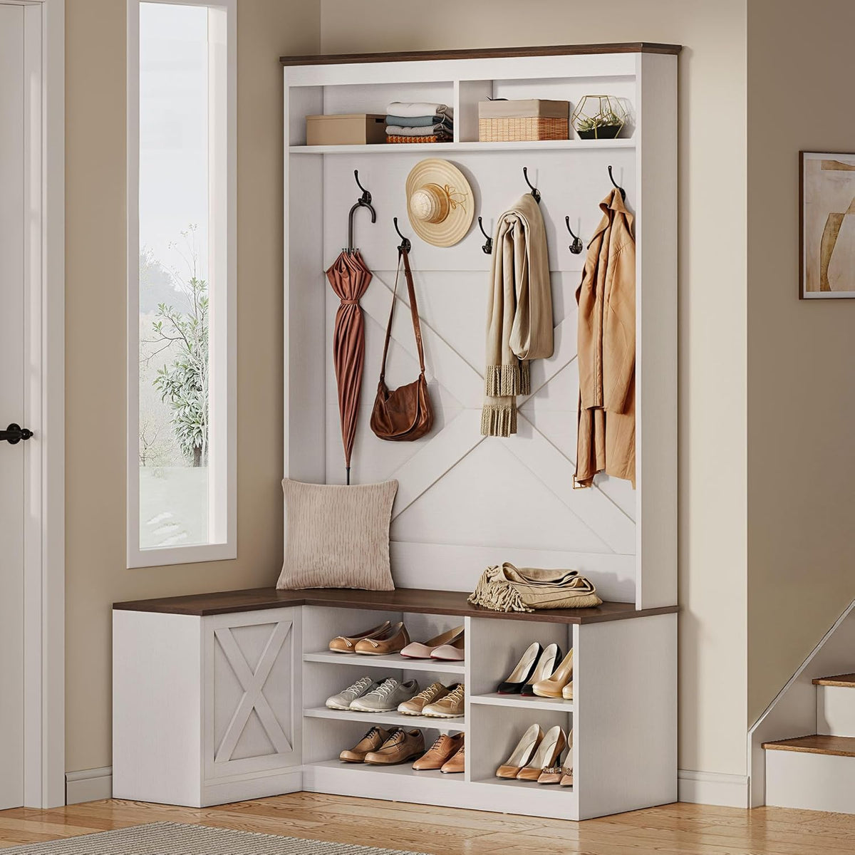 YITAHOME L-Shaped Hall Tree with Bench & Storage, Corner Entryway Organizer with 5 Shoe Shelves, Hidden Seat Compartment, Hooks & Open Top Storage for Living Room & Hallway, Walnut & Off-White