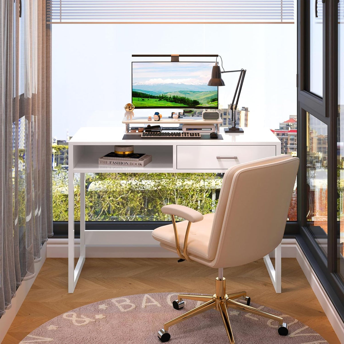 4NM 43.3" Computer Desk with Drawer, Morden White Home Office Desk, Study Writing Table with Storage for Small Spaces,Vanity Desk Makeup Table for Bedroom- White