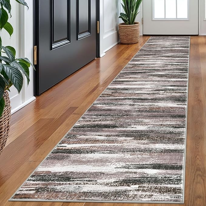 Lansny Modern Abstract Runner Rug 2x10, Dark Light Brown White Washable Long