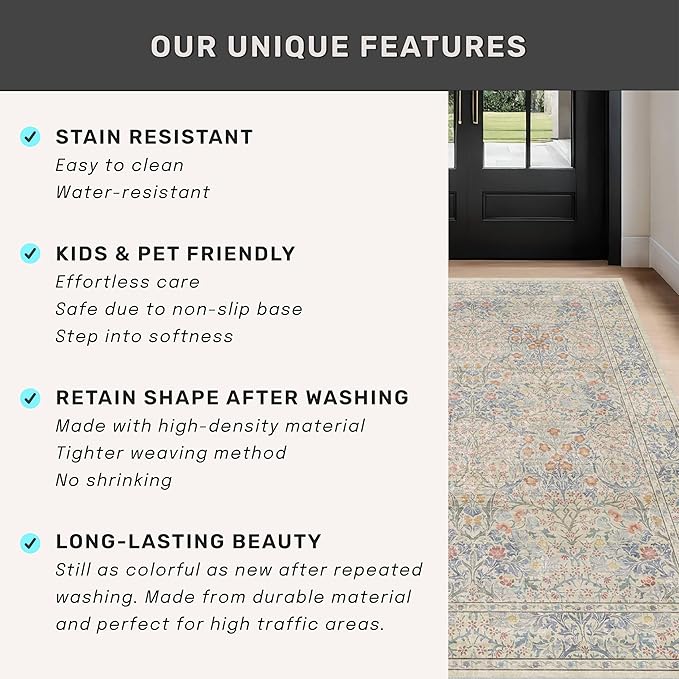 Hazo Haus Non Slip Beige Blue Hallway Runner Rug