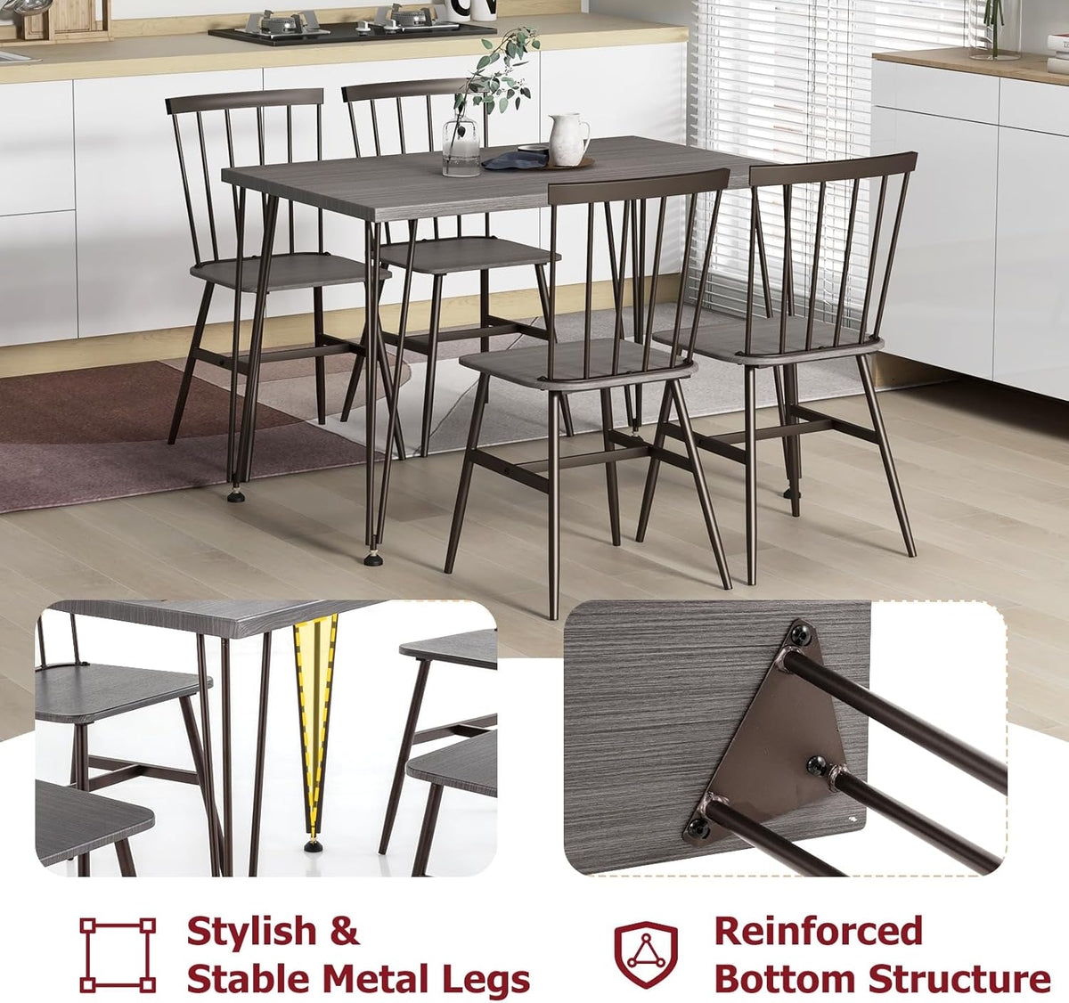 Tangkula Dining Table Set for 4, Kitchen Table and Chairs Set of 4 w/Metal Frame, 360° Swivel Feet, Space-Saving Dinette Table Set for Living Room, Restaurant, Breakfast Nook (Grey Oak)