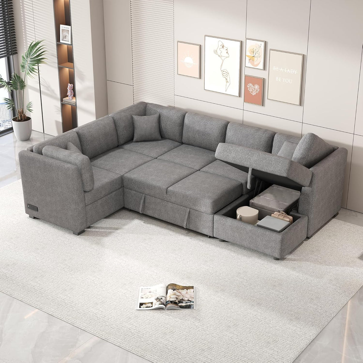 Ball & Cast 108.6" Sleeper Sectional Pull Out Sofa with 2 USB Ports,Two Power Sockets,Versatile U-Shape Couch w/ 3 Back Pillows and Storage Chaise,for Living Room,Office,Apartment,Light Gray