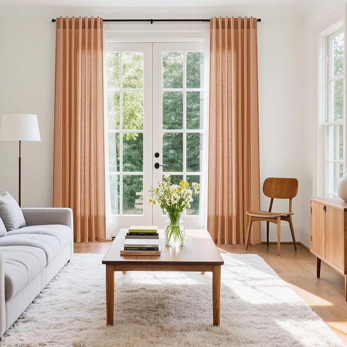 Nanspring Peach Quartz Linen Curtains 108 Inch Length 2 Panel Set Back Tab Loop