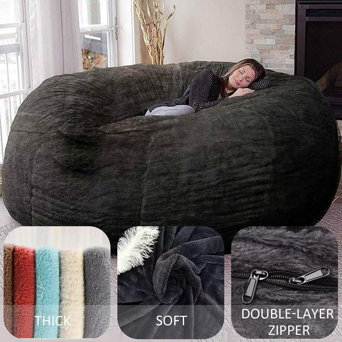 BCU 6FT Bean Bag Chair for Adults and Kids Without Filler Giant Stuffed Animal Storage Cover Soft Faux Fur Floor Chair Cover for Bedroom Living Room, Purple