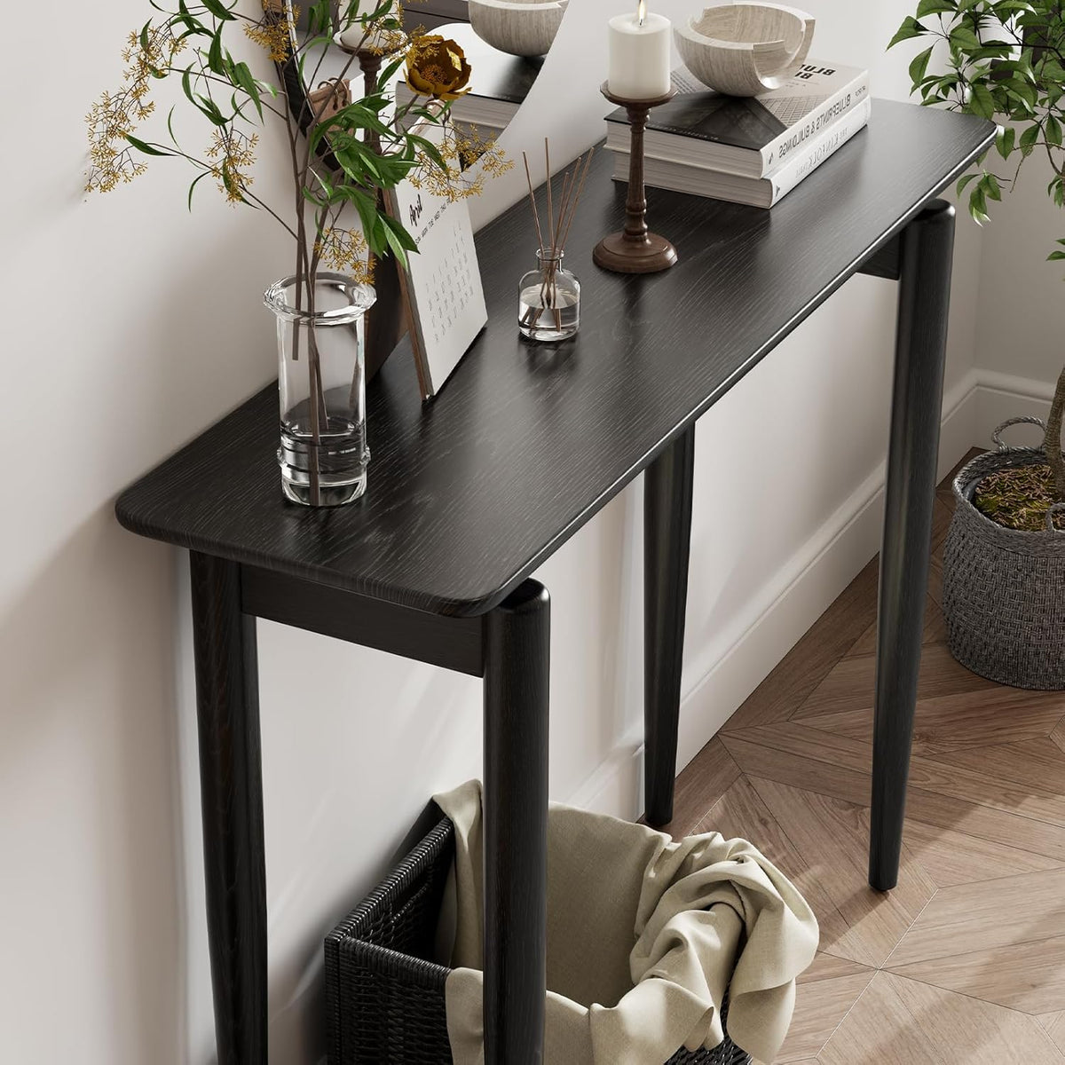 Wood Console Table Walnut Entryway Table, Thin Console Table, Sofa Tables for Living Room (39.4'')