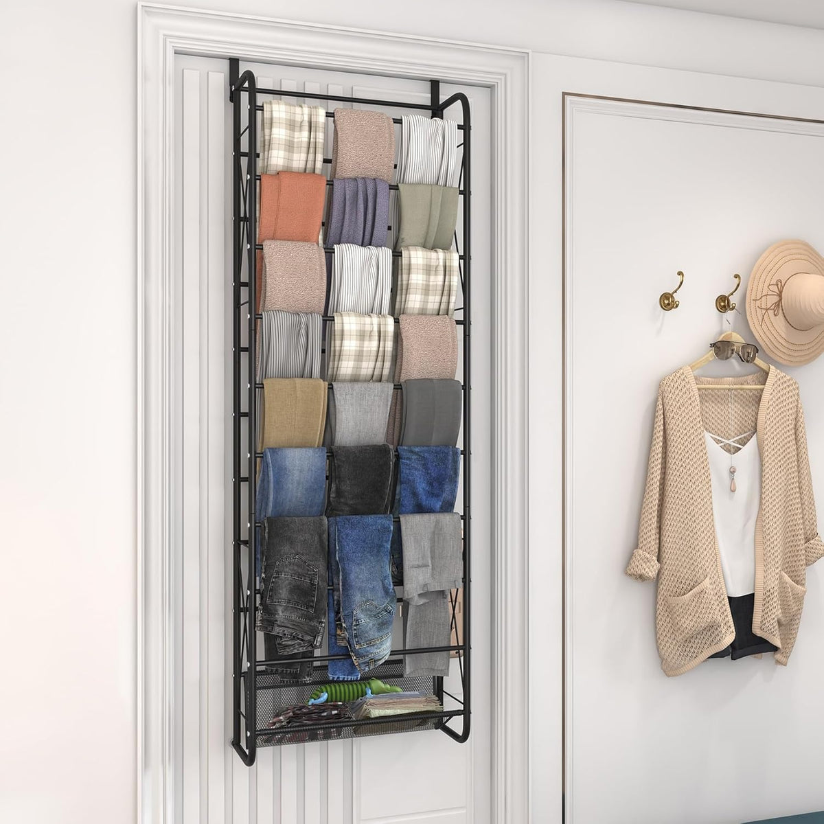 JSB 10 Tier Shoe rack Mesh fabric Over The Door Shoe Organizer X-structure Trouser hangers Closet Pantry Hanging Shoe Clothes Toys Storage Shelves (Black, 10 Tier)