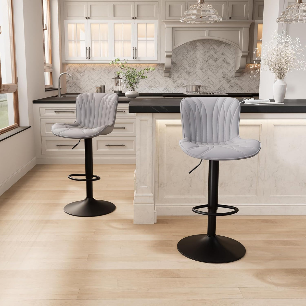 YOUNIKE Grey Bar Stools Set of 2 Modern Kitchen Counter Height Bar Chairs with Backs Faux Leather Upholstered Barstools Swivel Tall Adjustable Padded Breakfast Island Chair with Sturdy Metal Leg