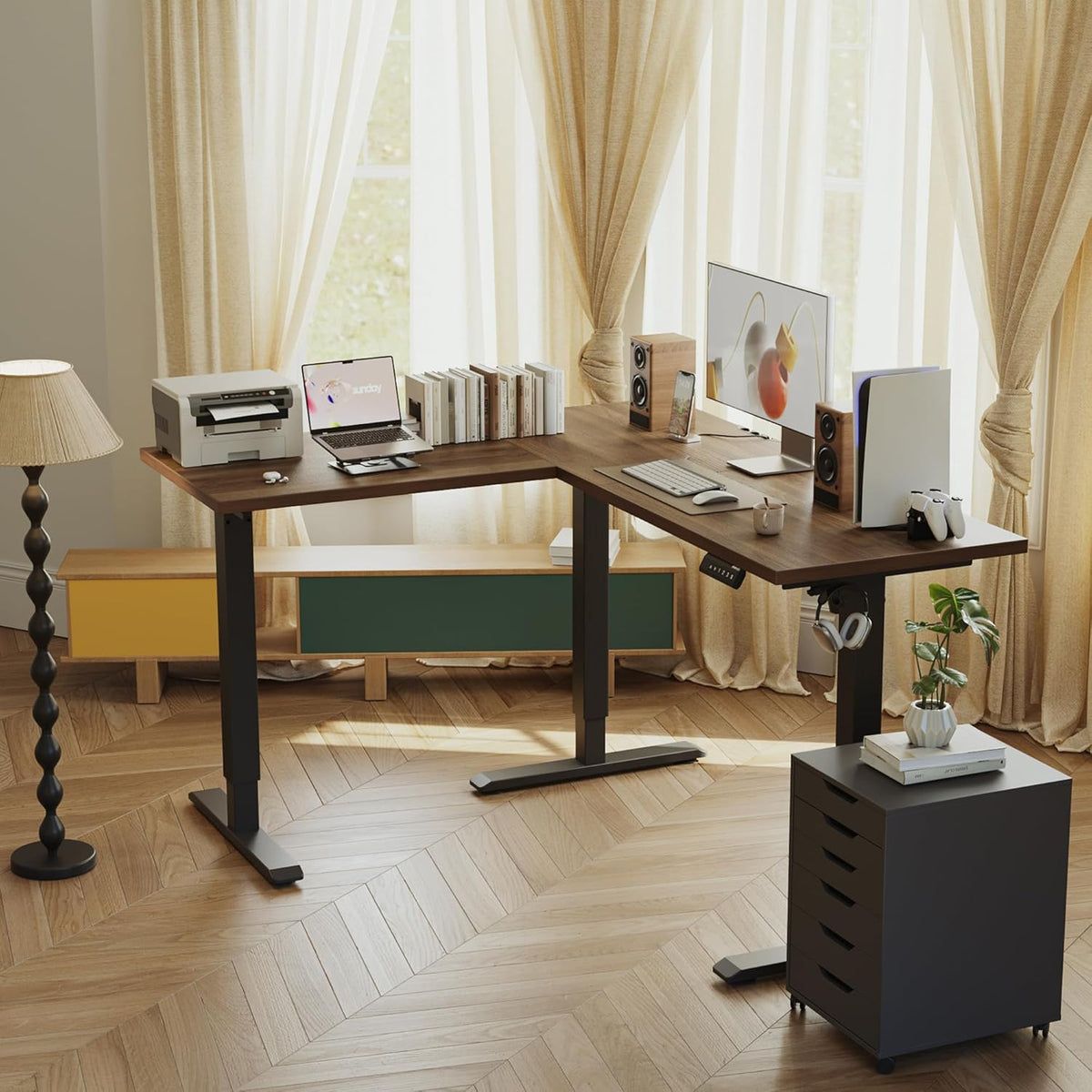 Agilestic 59 Inch L Shaped Standing Desk Adjustable Height, Electric Corner Standing Desk, Sit Stand Computer Table with Splice Board, Dark Walnut