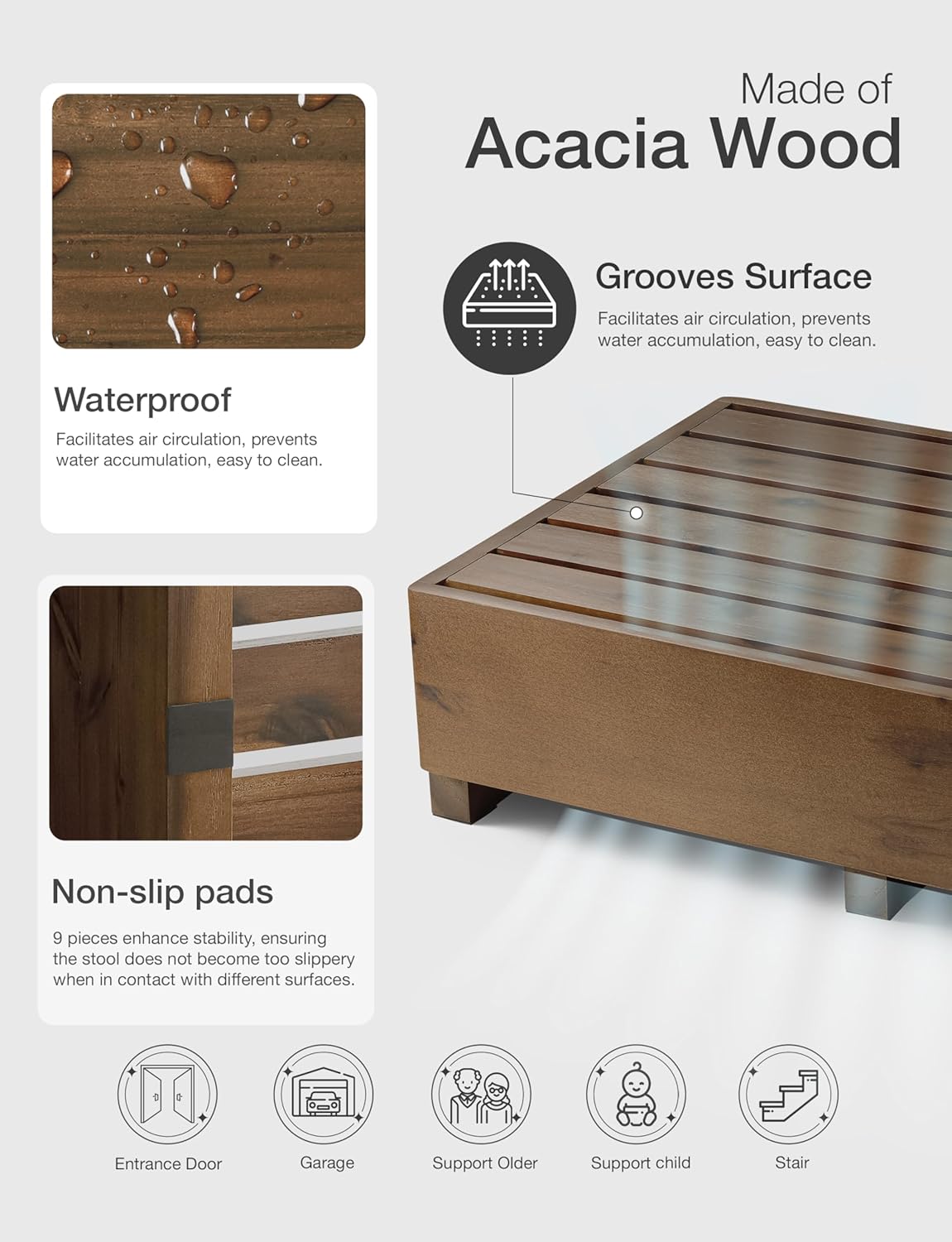 TINAMO 6.5" One Step Stool for Elderly, Walnut Wood High Riser Step Stool for Bed – 550 Lbs Wooden Mobility Stepping Stool for Adults, Kids/Bedside, Bathroom, Kitchen, Garden (Walnut, 6.5" Height)