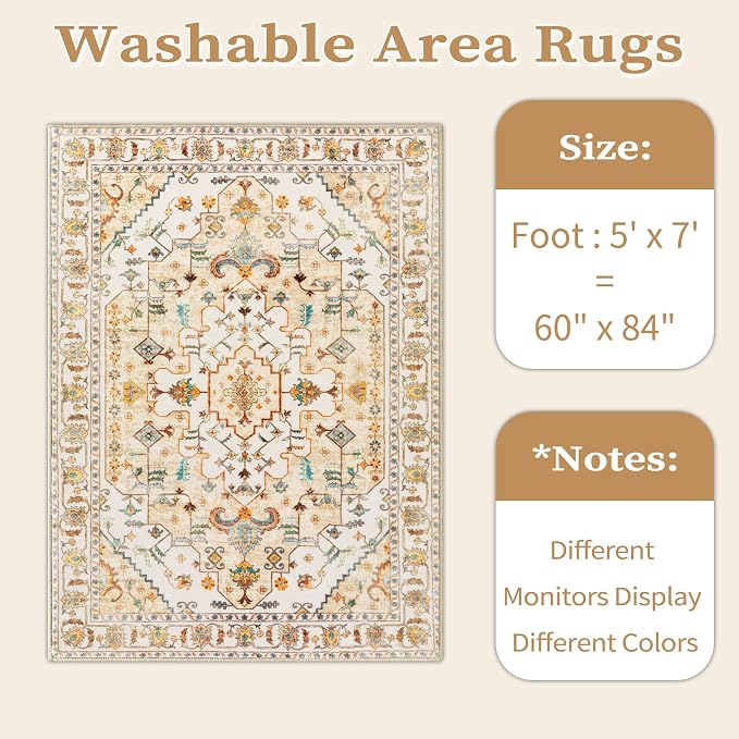 SERISSA Boho Area Rug 5x7 Light Yellow, Washable Large Rugs