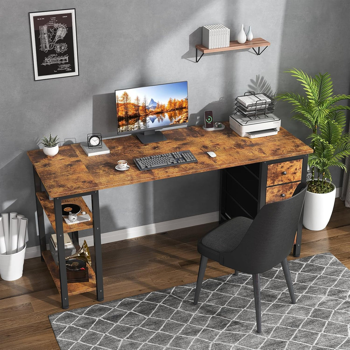 Lufeiya 63 inch Computer Desk with 4 Fabric Drawers & Storage Shelves, Writing Work Study Desk for Home Office Bedroom, Modern Simple Student PC Desks Table, Rustic Brown