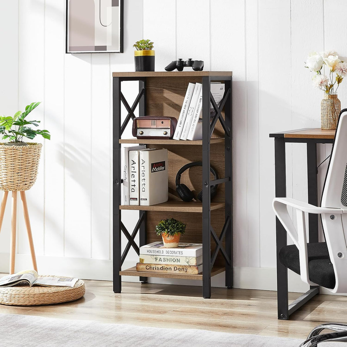 Small Bookshelf,4 Tier Industrial Bookcase with Metal Frame and Backboard,Narrow Rustic Brown Book Shelf,Book case for Small Spaces,Living Room,Bedroom and Home Office